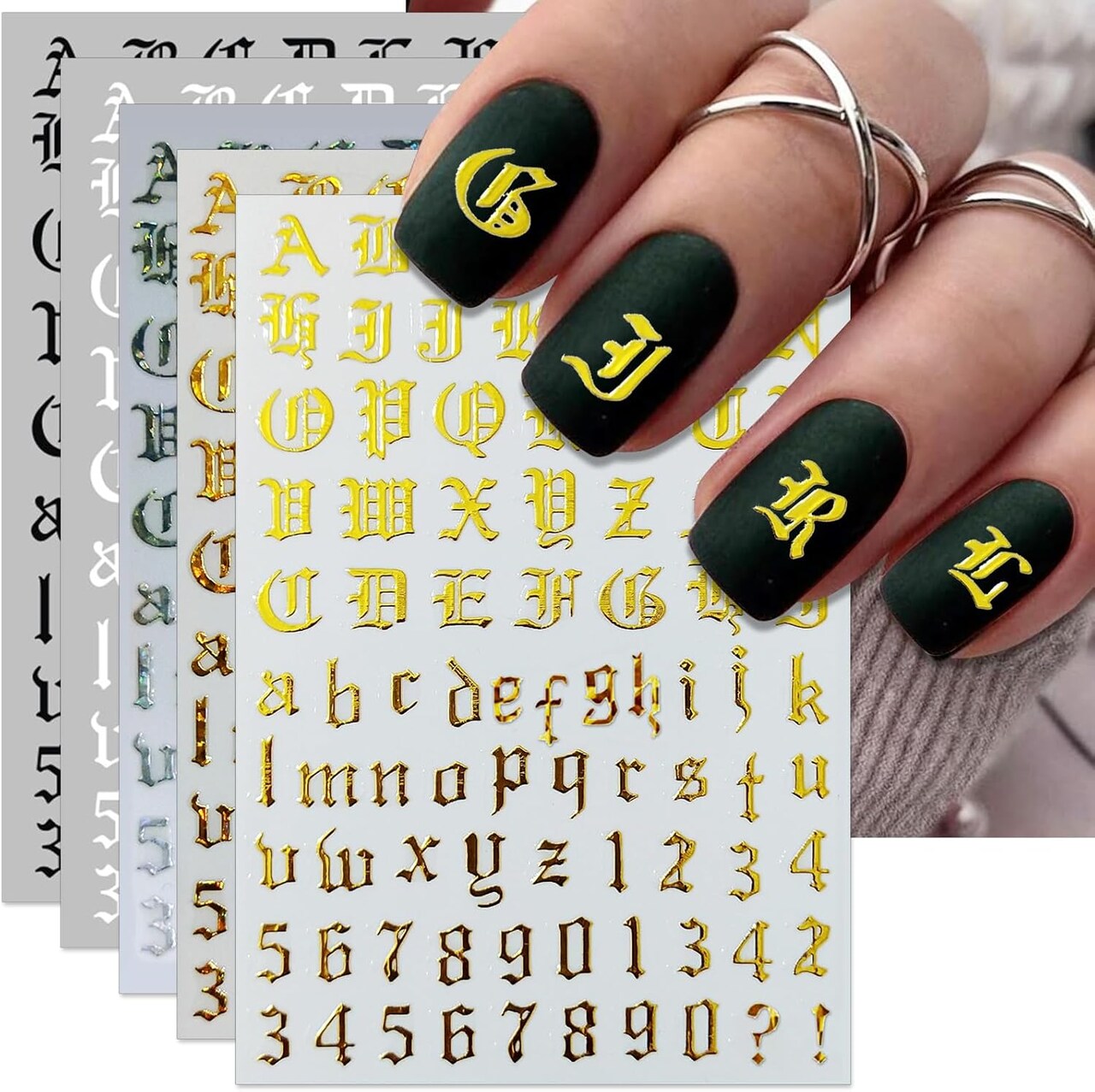 10 Sheets Letter Nail Art Stickers - 3D Old English Alphabet Number Nail Decals